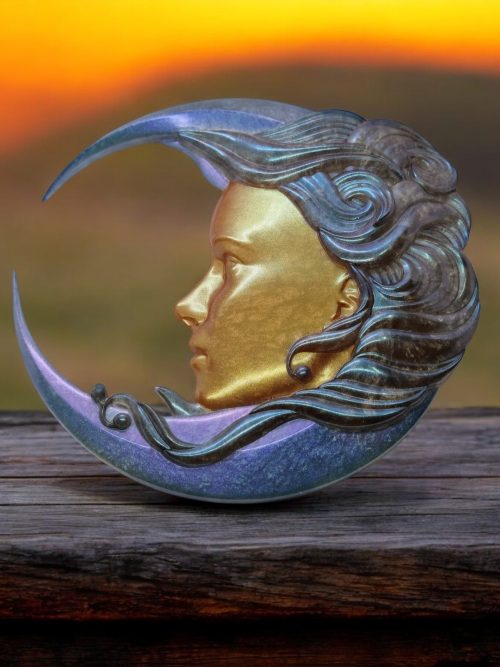 Visage femme croissant de lune orange / bleu