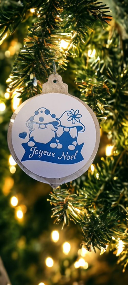 Boule acrylique Gnomes Joyeux noël bleu blanc